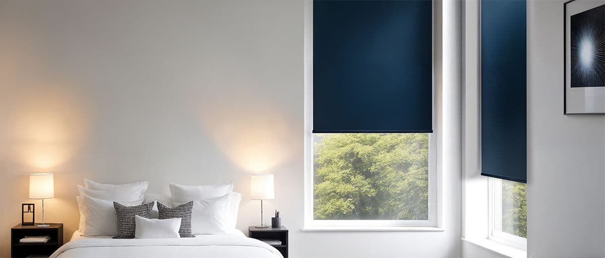Sovrum vita väggar blå mörkläggande rullgardiner smala fönster