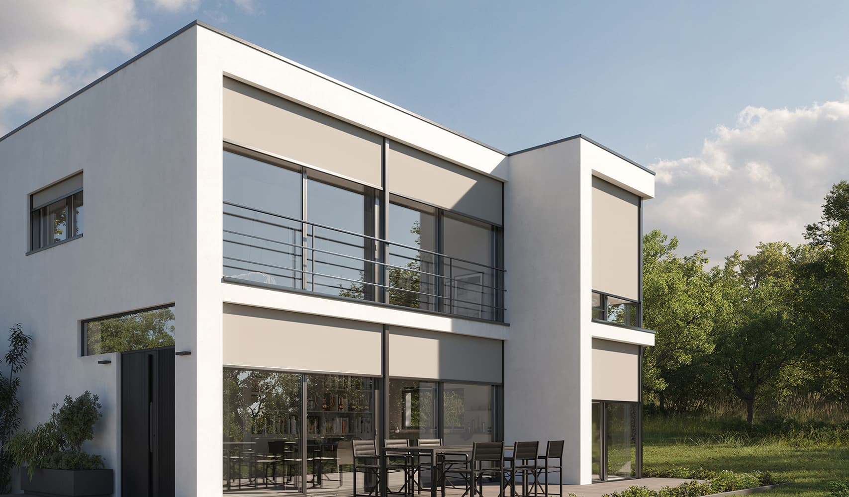 Energieffektiv solavskärmning solskydd fasad solinstrålning Hus fasad stora fönster screenmarkiser solavskärmning energieffektiva hus